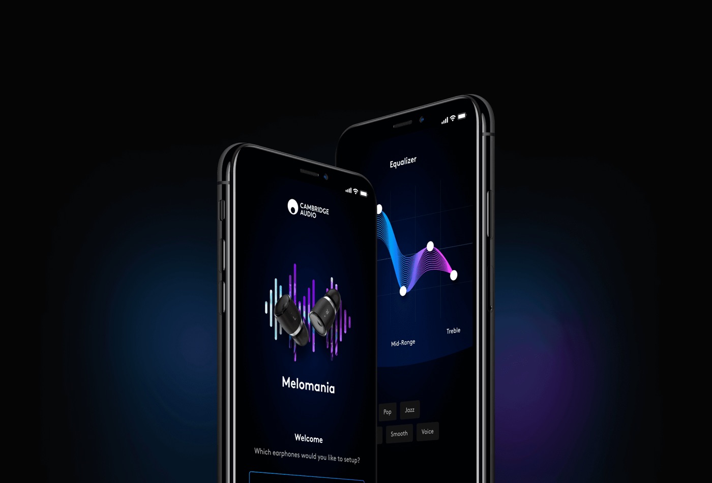 Melomania app on two phones, showing the home screen and the equalizer