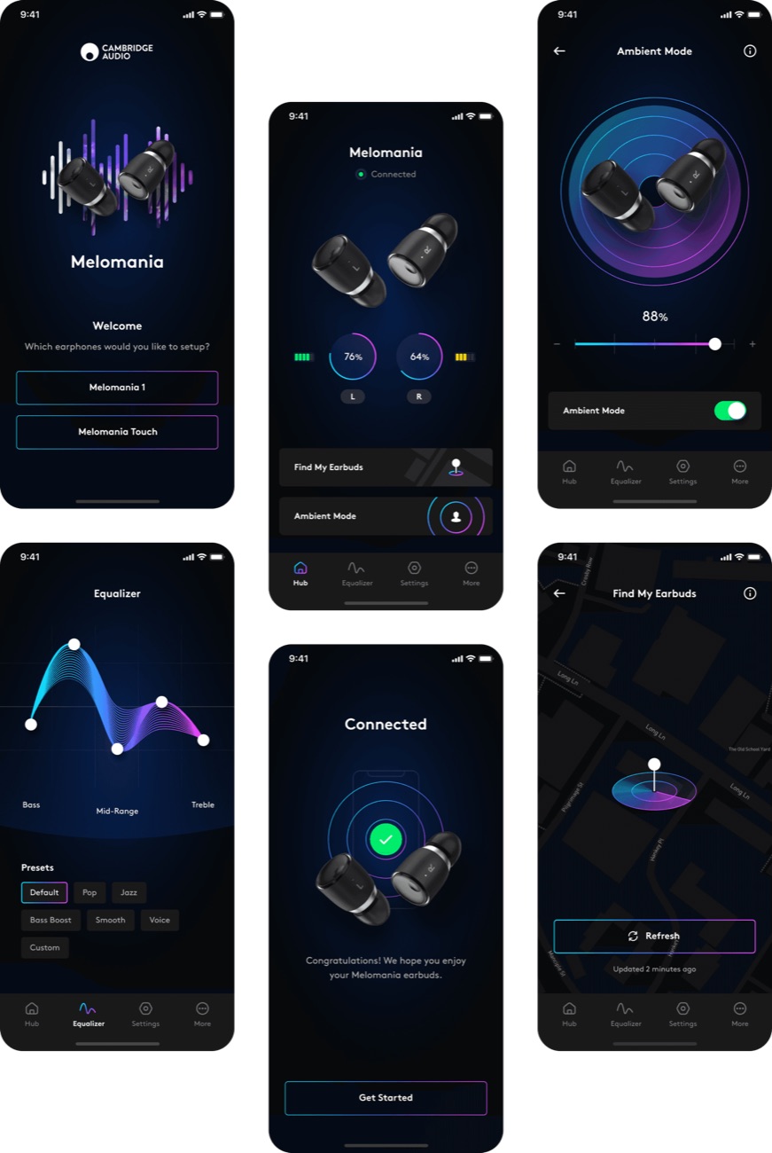 A grid of finished Melomania screens: setup, home, ambient mode, equalizer, connected and find my earbuds