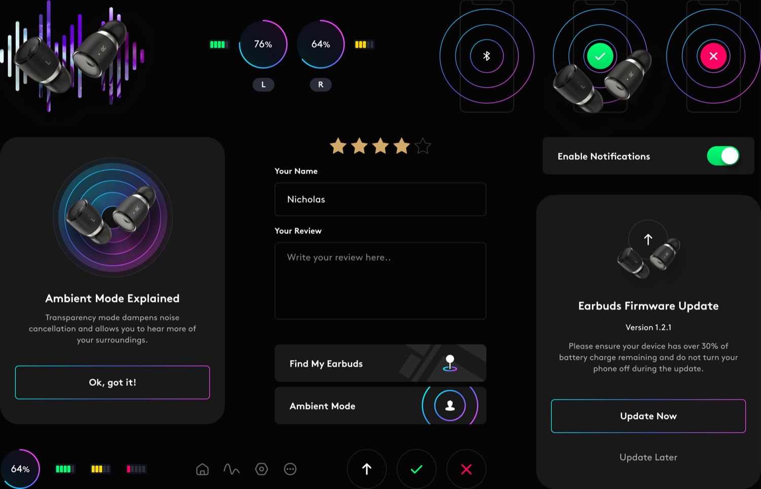 Melomania interface details: pairing, battery levels, ambient mode, find my earbuds and a firmware update